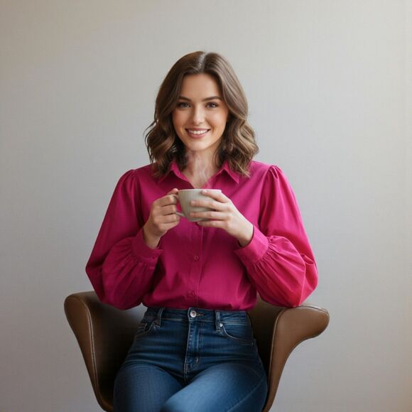 Chico's Rubellite Fuchsia Puff Sleeve Pocket Blouse Size 1/ US M - Picture 16 of 16